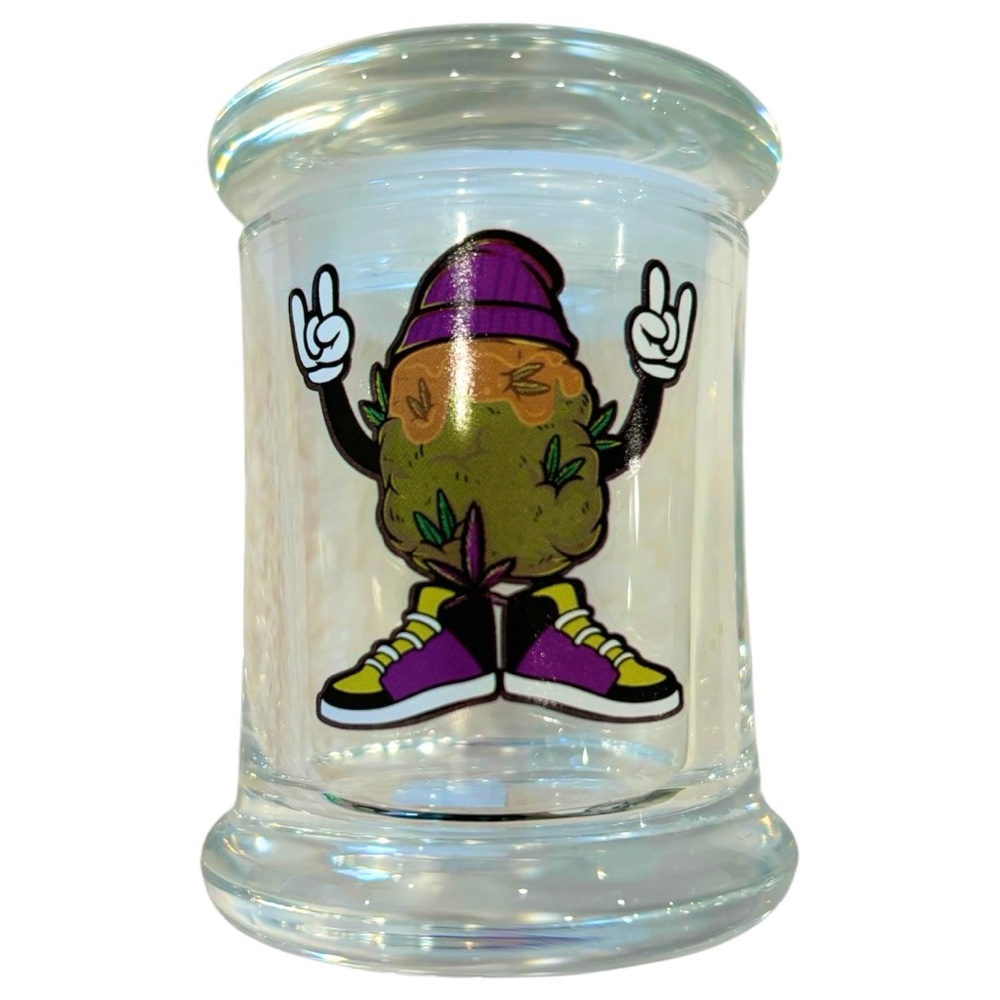 Glass stash jar with bud design.